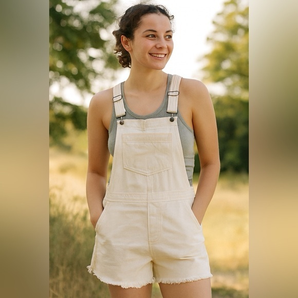 aerie Pants - Aerie Cream Distressed Shorts with Adjustable Straps